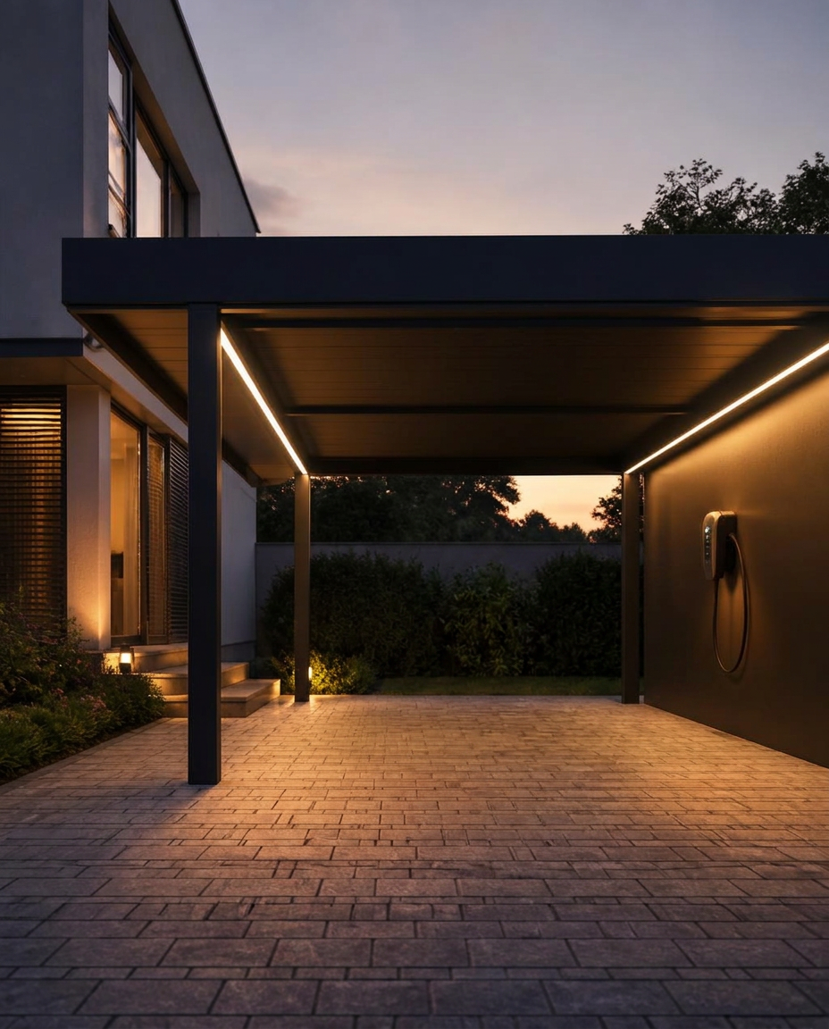 Moderner Carport an einem deutschen Wohnhaus