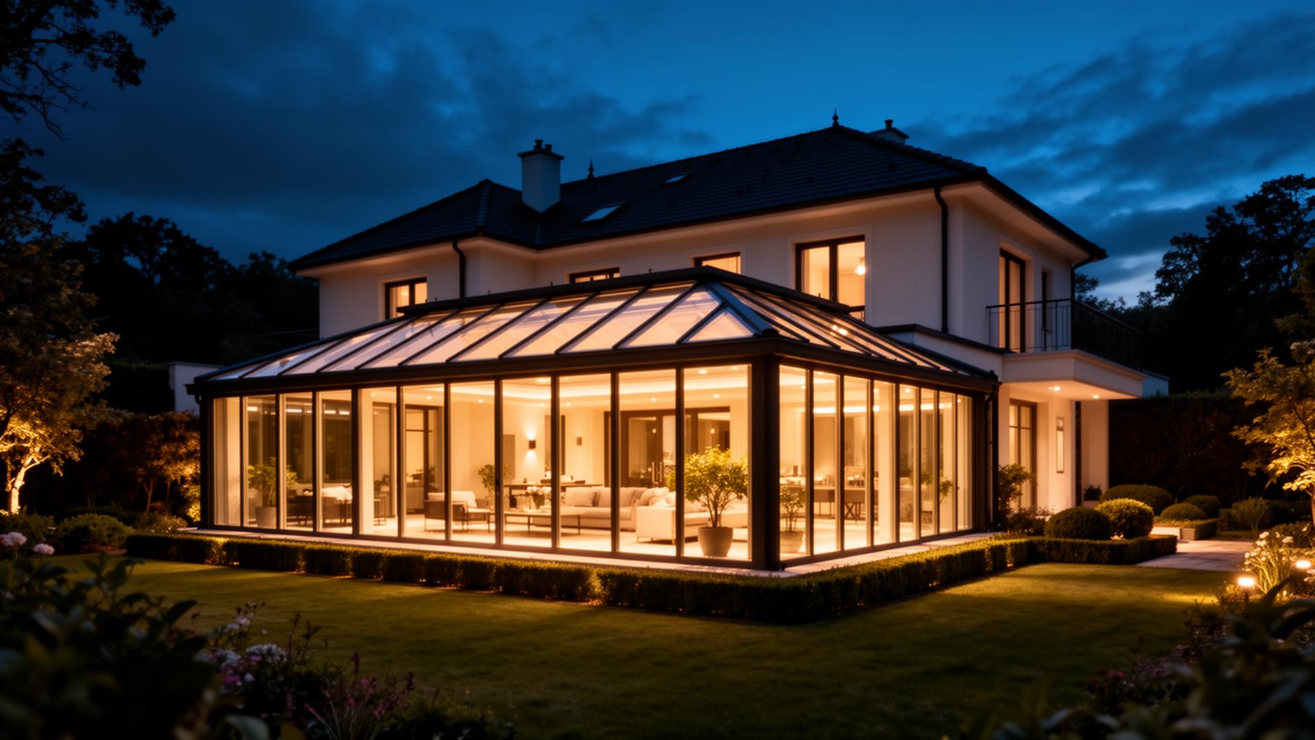 Modernes Haus mit beleuchtetem Wintergarten in der Dämmerung